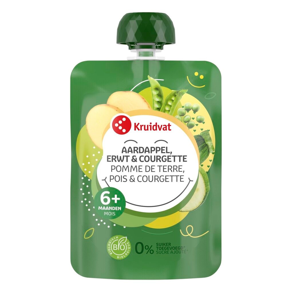Kruidvat 6+M Bio Aardappel, Erwt & Courgette Knijpzakje