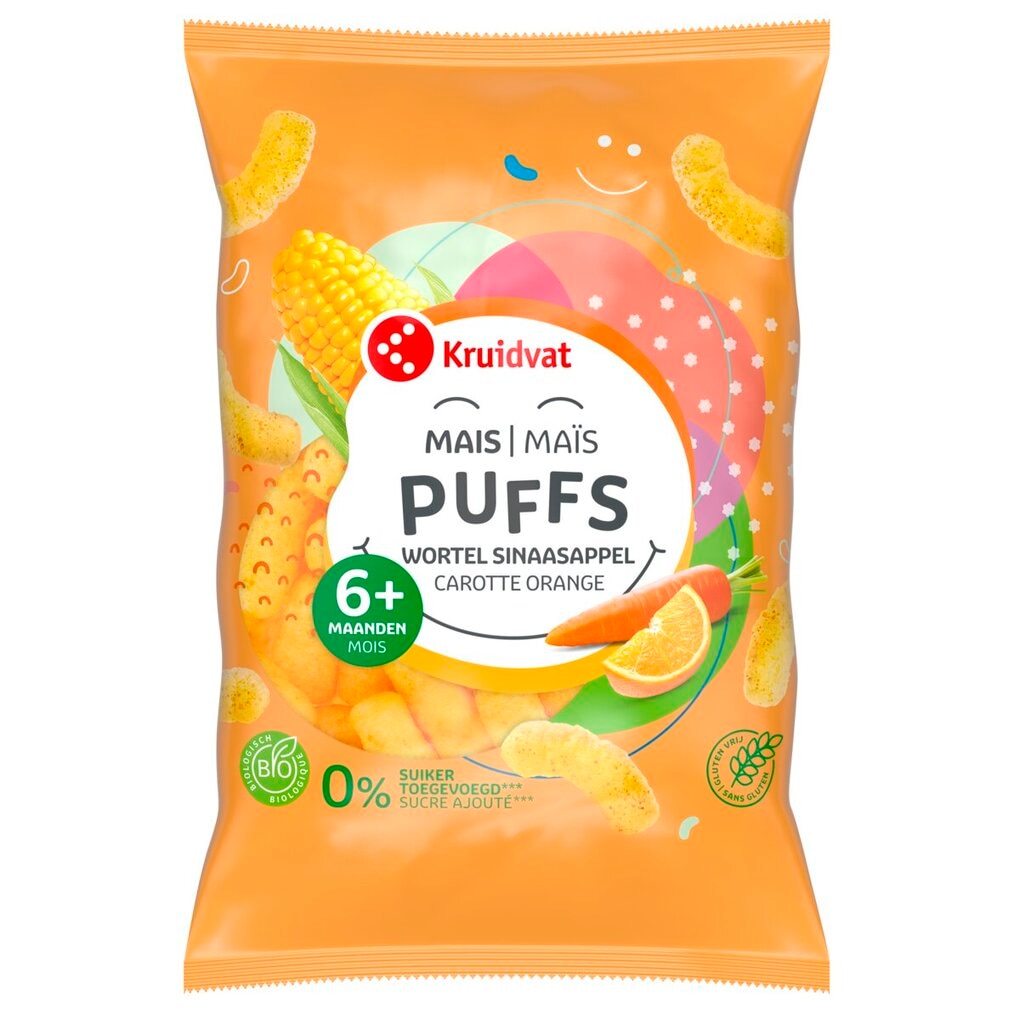 Kruidvat 6+M Bio Sinaasappel en Wortel Maïspuffs