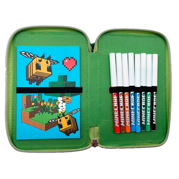 Minecraft Pennenetui, voor jongens, gevuld, etui gevuld met schrijfwaren, 2 vakken, voor de eerste schooldag