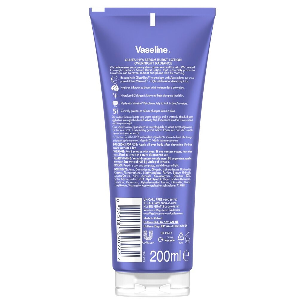 Vaseline Serum Burst Lotion Overnight Radiance Gluta-Hya