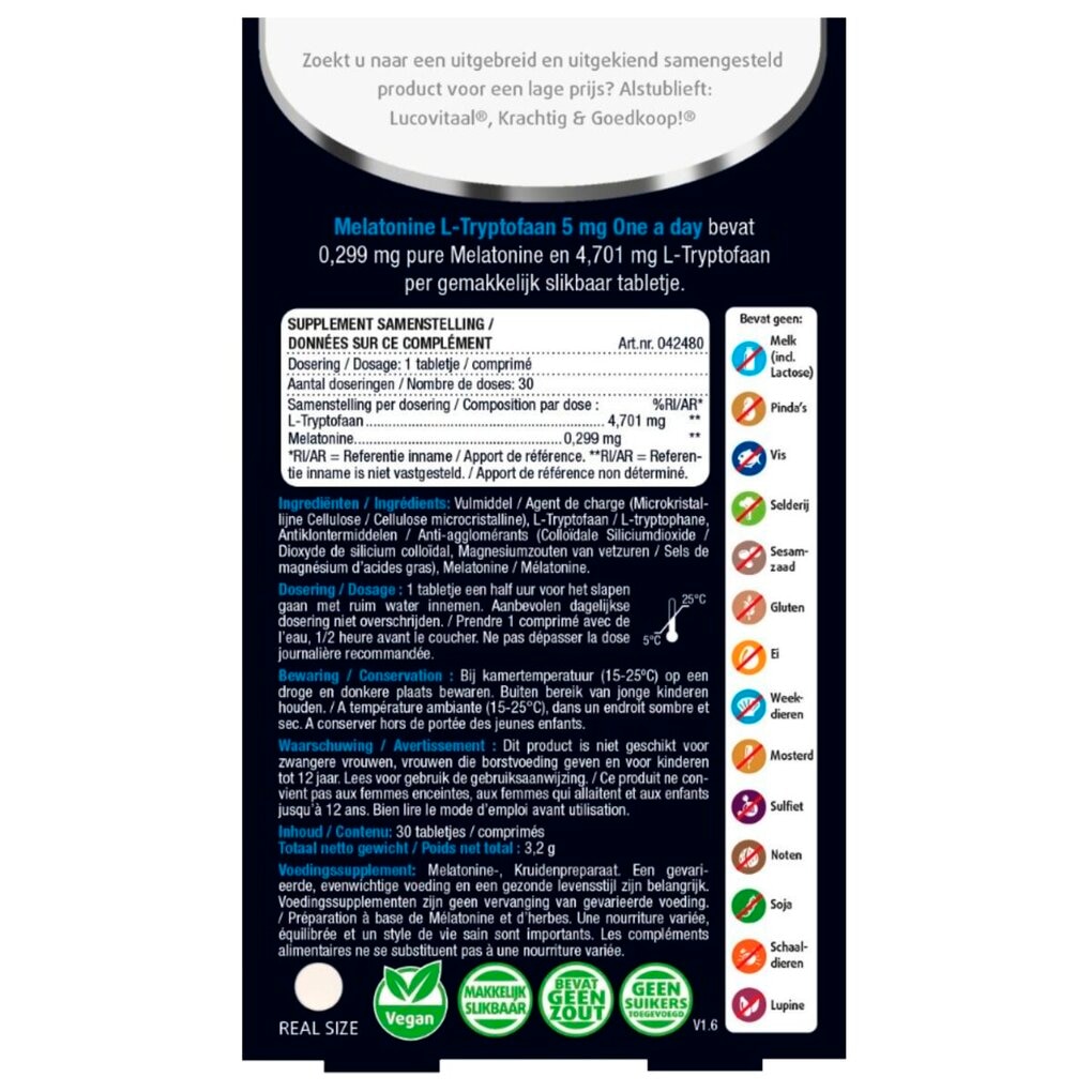 Lucovitaal Melatonine L-Tryptofaan 5mg Tabletjes